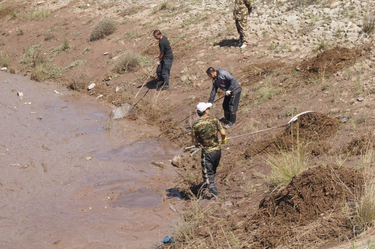 兰山煤业公司组织员工义务清理大雨过后“太西”生态湖面上的垃圾浮渣